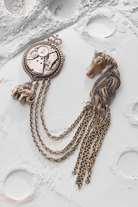 Shop_Cosa Nostraa_Gold Mustang-timed Brooch _at_Aza_Fashions
