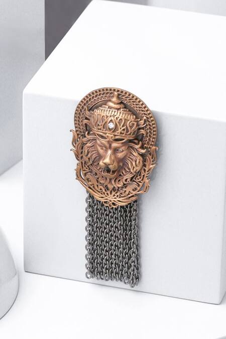 Shop_Cosa Nostraa_Gold Lion King Chain Tassel Brooch _at_Aza_Fashions