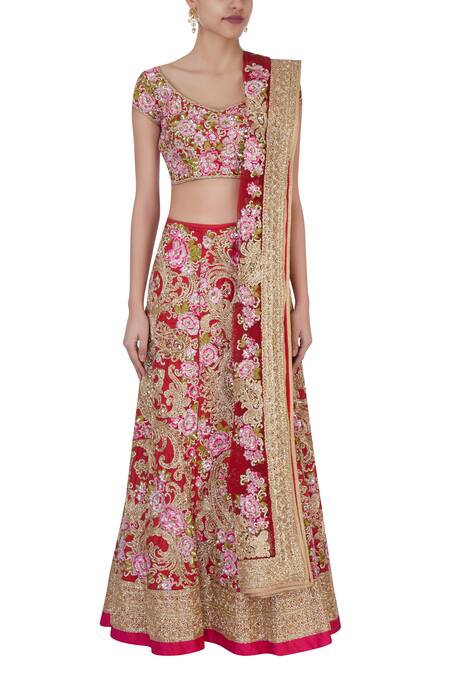 Shop Bhairavi Jaikishan Red And Pink Floral Bridal Lehenga Set Online at Aza Fashions Shop_Bhairavi Jaikishan_Red And Pink Floral Bridal Lehenga Set_Online_at_Aza_Fashions