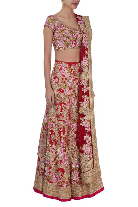Bhairavi Jaikishan Red And Pink Floral Bridal Lehenga Set Online at Aza Fashions Bhairavi Jaikishan_Red And Pink Floral Bridal Lehenga Set_Online_at_Aza_Fashions
