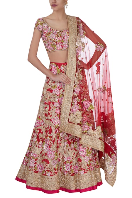 Bhairavi Jaikishan Red And Pink Floral Bridal Lehenga Set