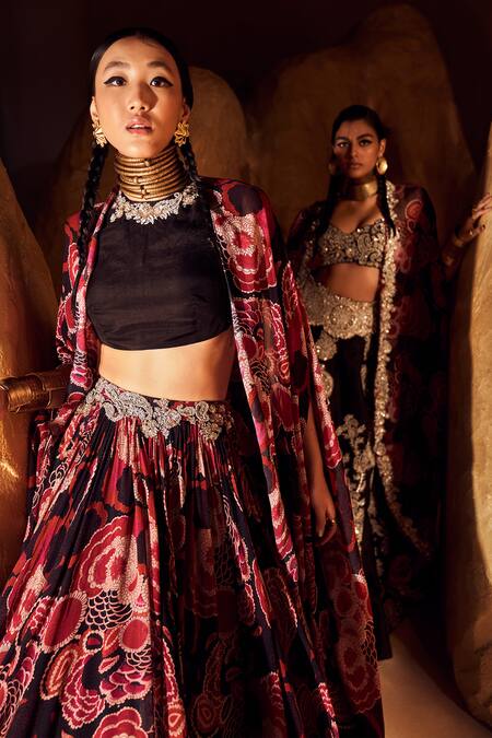 Buy_Bhumika Sharma_Black Georgette Sequins, Zari, Pearls Open Bahaar Print Jacket And Sharara Set 