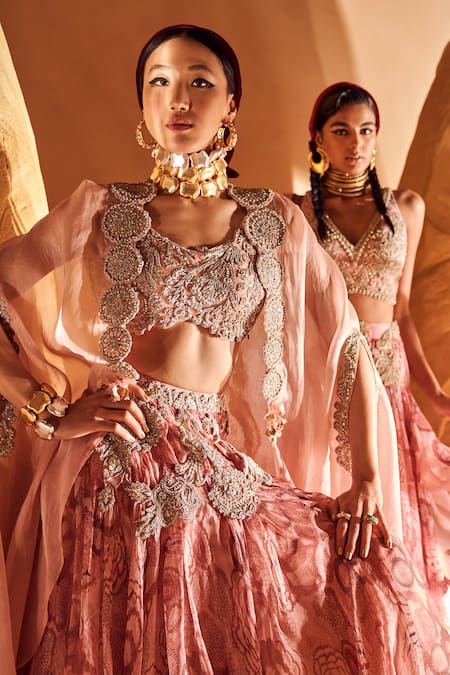 Buy Bhumika Sharma Pink Organza Sequins, Pearls Scoop Neck Printed And Embroidered Cape Lehenga Set Buy_Bhumika Sharma_Pink Organza Sequins, Pearls Scoop Neck Printed And Embroidered Cape Lehenga Set