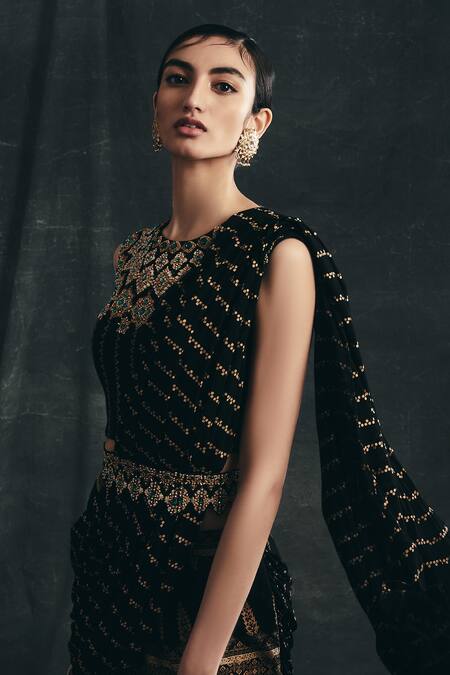 Buy_Bhumika Sharma_Black Georgette Round Pre-draped Printed Saree With Blouse_Online_at_Aza_Fashions