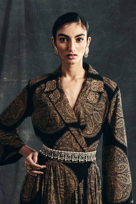 Bhumika Sharma_Black Georgette Lapel Printed Flared Jumpsuit_Online_at_Aza_Fashions