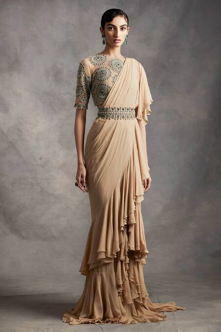 Buy_Bhumika Sharma_Beige Georgette Round Ruffle Pre-draped Saree _Online_at_Aza_Fashions