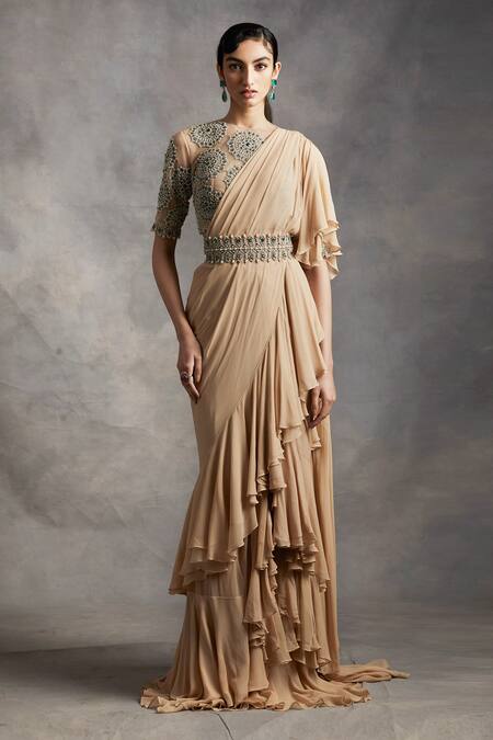 Bhumika Sharma_Beige Georgette Round Ruffle Pre-draped Saree _Online_at_Aza_Fashions