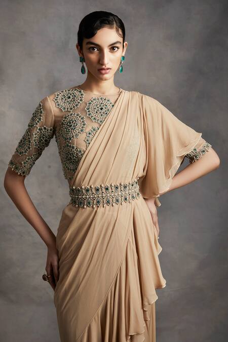 Shop_Bhumika Sharma_Beige Georgette Round Ruffle Pre-draped Saree _Online_at_Aza_Fashions