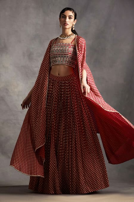 Bhumika Sharma Red Net Open Printed Cape Lehenga Set 