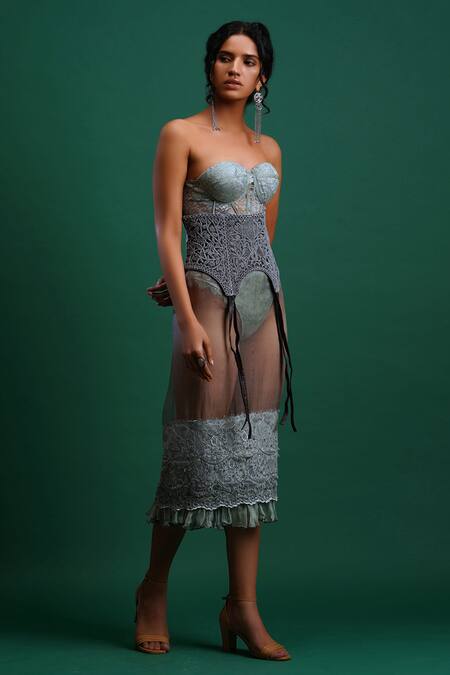 Nidhi Yasha Green Viscose Embroidery Sweetheart Neck Lace Bodysuit With Belt Online at Aza Fashions Nidhi Yasha_Green Viscose Embroidery Sweetheart Neck Lace Bodysuit With Belt _Online_at_Aza_Fashions