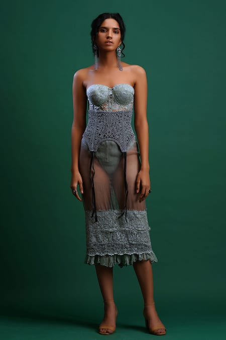 Buy Green Viscose Embroidery Sweetheart Neck Lace Bodysuit With Belt For  Women by Nidhi Yasha Online at Aza Fashions.