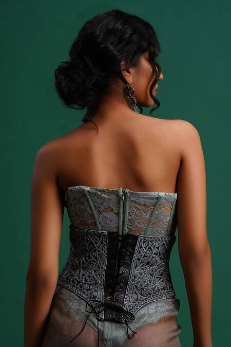 Nidhi Yasha Green Viscose Embroidery Sweetheart Neck Lace Bodysuit With Belt at Aza Fashions Nidhi Yasha_Green Viscose Embroidery Sweetheart Neck Lace Bodysuit With Belt _at_Aza_Fashions