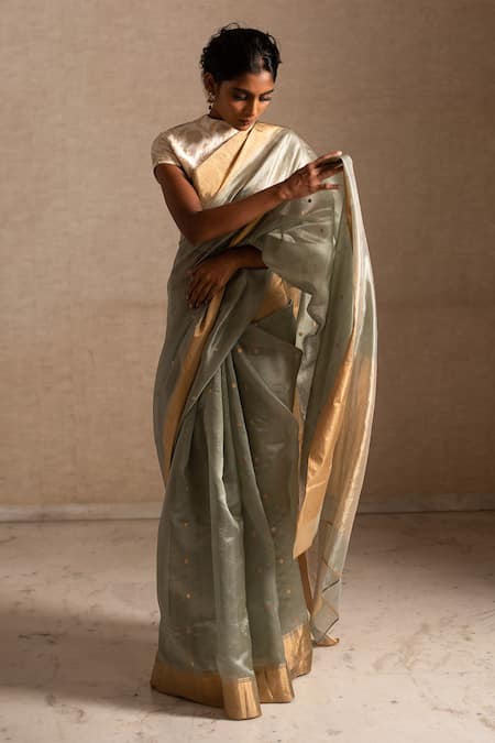 Priyanka Raajiv_Green Silk Chanderi Thread Saree _Online_at_Aza_Fashions