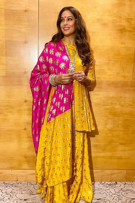 Masaba Yellow Crepe Round Triangular Flower Sharara Set 