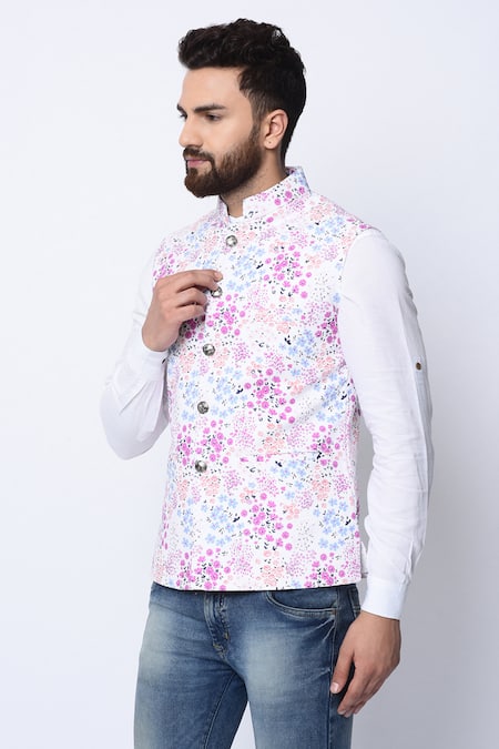 Printed Cotton Nehru Jacket in Off White and Blue : MDW61