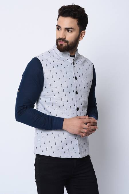 Spring Break_White 100% Cotton Printed Nehru Jacket _Online_at_Aza_Fashions
