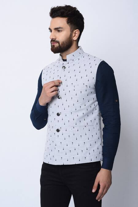 Buy_Spring Break_White 100% Cotton Printed Nehru Jacket _Online_at_Aza_Fashions