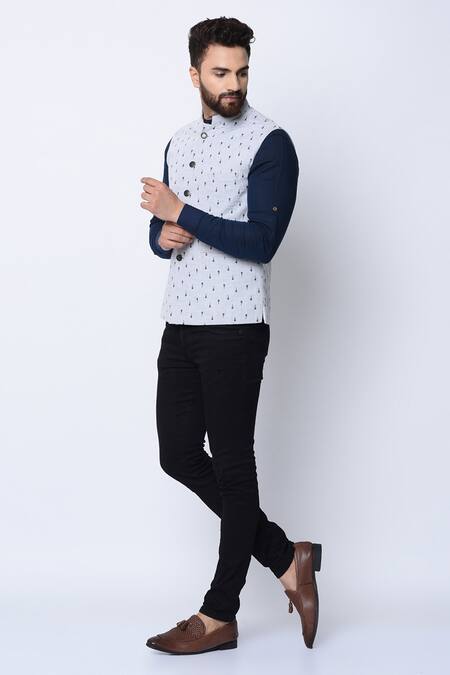 Shop_Spring Break_White 100% Cotton Printed Nehru Jacket _Online_at_Aza_Fashions