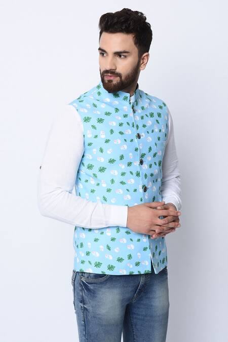 Spring Break_Blue 100% Cotton Printed Nehru Jacket _Online_at_Aza_Fashions