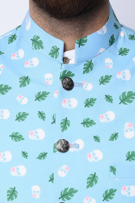 Spring Break_Blue 100% Cotton Printed Nehru Jacket _at_Aza_Fashions