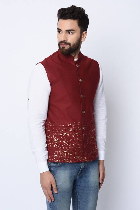 Spring Break_Maroon 100% Cotton Printed Nehru Jacket_Online_at_Aza_Fashions
