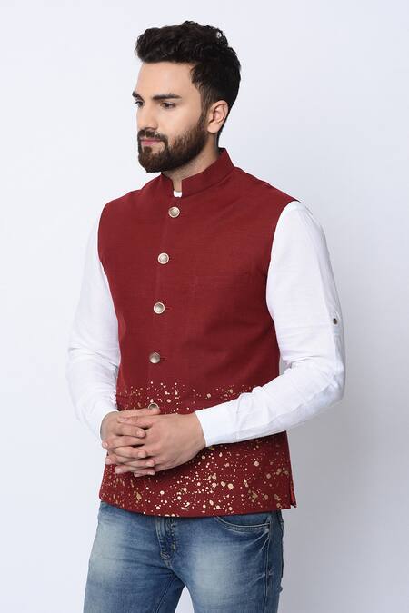 Buy_Spring Break_Maroon 100% Cotton Printed Nehru Jacket_Online_at_Aza_Fashions