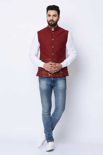 Shop_Spring Break_Maroon 100% Cotton Printed Nehru Jacket_Online_at_Aza_Fashions