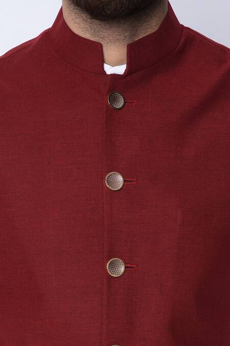 Spring Break_Maroon 100% Cotton Printed Nehru Jacket_at_Aza_Fashions