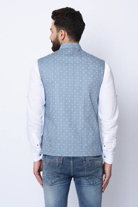 Shop_SPRING BREAK_Blue 100% Cotton Printed Nehru Jacket _at_Aza_Fashions