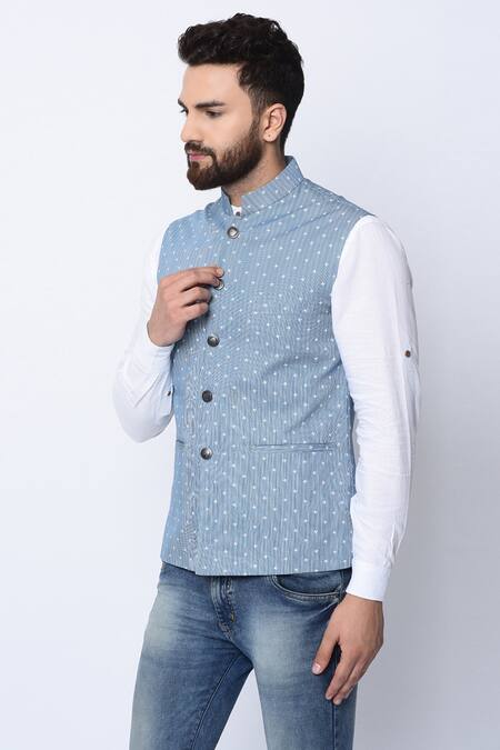 Buy_SPRING BREAK_Blue 100% Cotton Printed Nehru Jacket _Online_at_Aza_Fashions
