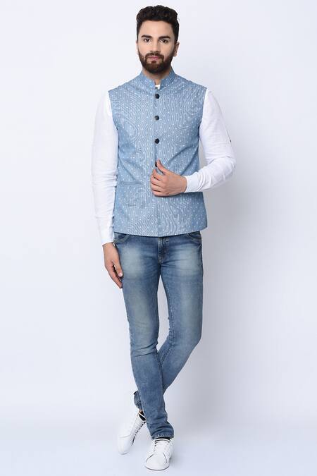 Shop_SPRING BREAK_Blue 100% Cotton Printed Nehru Jacket _Online_at_Aza_Fashions