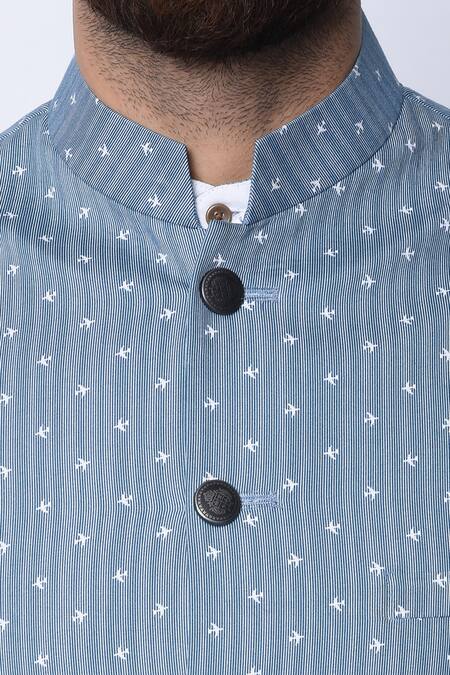 SPRING BREAK_Blue 100% Cotton Printed Nehru Jacket _at_Aza_Fashions