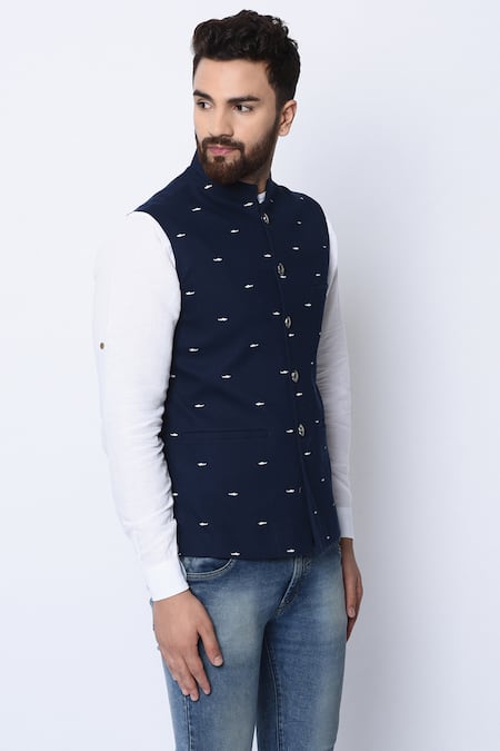 Spring Break_Blue 100% Cotton Printed Nehru Jacket _Online_at_Aza_Fashions