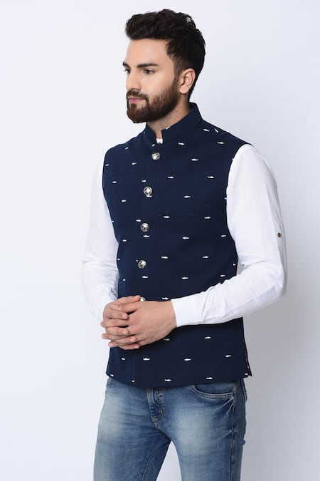Buy_Spring Break_Blue 100% Cotton Printed Nehru Jacket _Online_at_Aza_Fashions