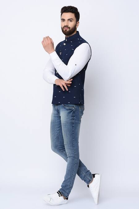 Shop_Spring Break_Blue 100% Cotton Printed Nehru Jacket _Online_at_Aza_Fashions