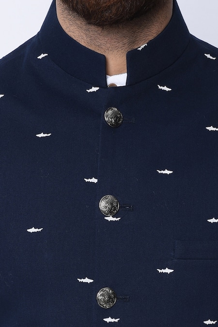 Spring Break_Blue 100% Cotton Printed Nehru Jacket _at_Aza_Fashions