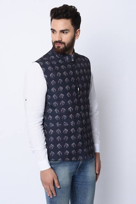 Spring Break_Black 100% Cotton Printed Nehru Jacket _Online_at_Aza_Fashions