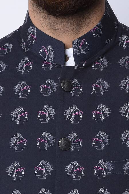 Spring Break_Black 100% Cotton Printed Nehru Jacket _at_Aza_Fashions