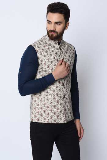 SPRING BREAK_White 100% Cotton Floral Print Nehru Jacket_Online_at_Aza_Fashions