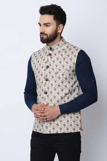 Buy_SPRING BREAK_White 100% Cotton Floral Print Nehru Jacket_Online_at_Aza_Fashions