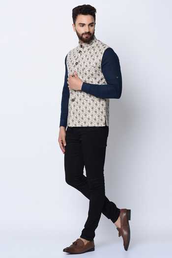 Shop_SPRING BREAK_White 100% Cotton Floral Print Nehru Jacket_Online_at_Aza_Fashions