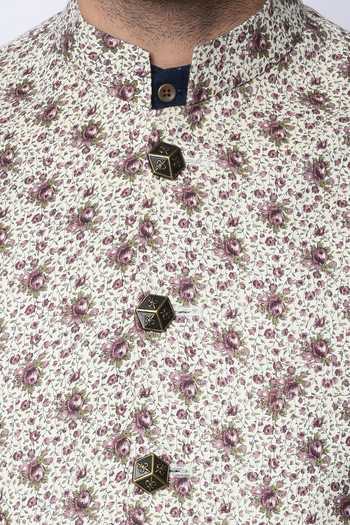 SPRING BREAK_White 100% Cotton Floral Print Nehru Jacket_at_Aza_Fashions