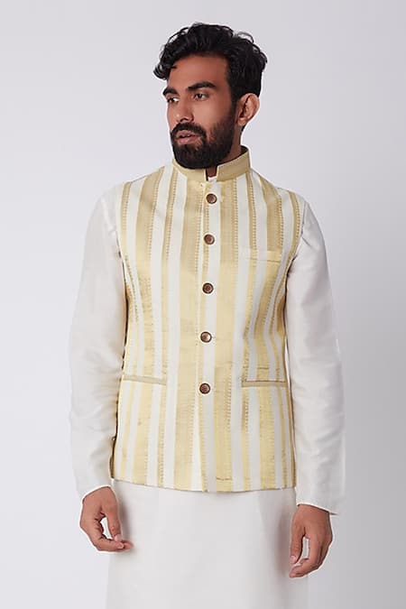 Spring Break White Cotton Striped Bundi Online at Aza Fashions Spring Break_White Cotton Striped Bundi _Online_at_Aza_Fashions