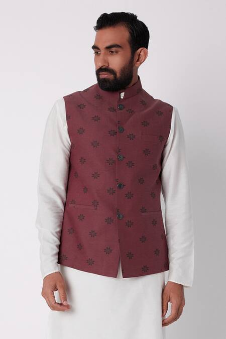 Spring Break_Maroon Cotton Printed Bundi _Online_at_Aza_Fashions