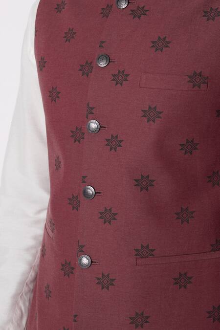 Buy_Spring Break_Maroon Cotton Printed Bundi _Online_at_Aza_Fashions