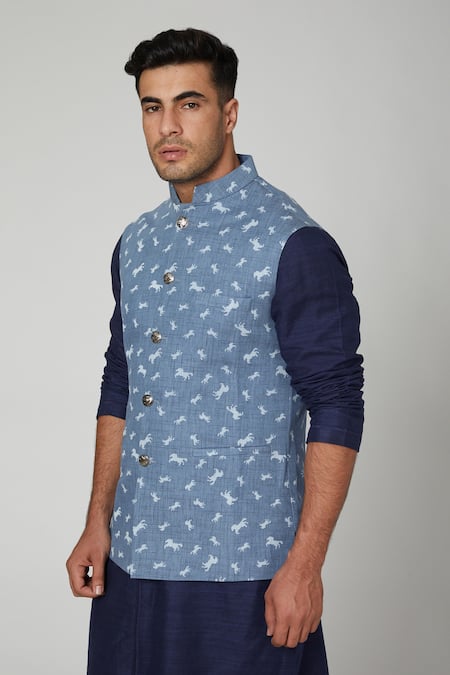 Buy_Spring Break_Blue Cotton Printed Bundi_Online_at_Aza_Fashions