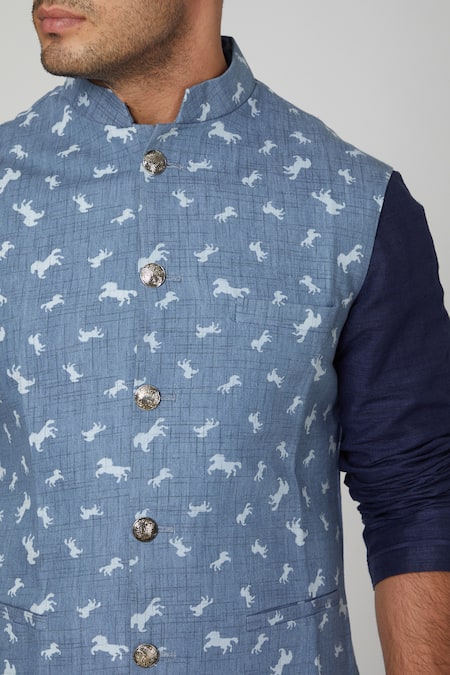 Shop_Spring Break_Blue Cotton Printed Bundi_Online_at_Aza_Fashions