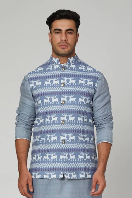 Buy_Spring Break_Blue Cotton Printed Bundi _Online_at_Aza_Fashions