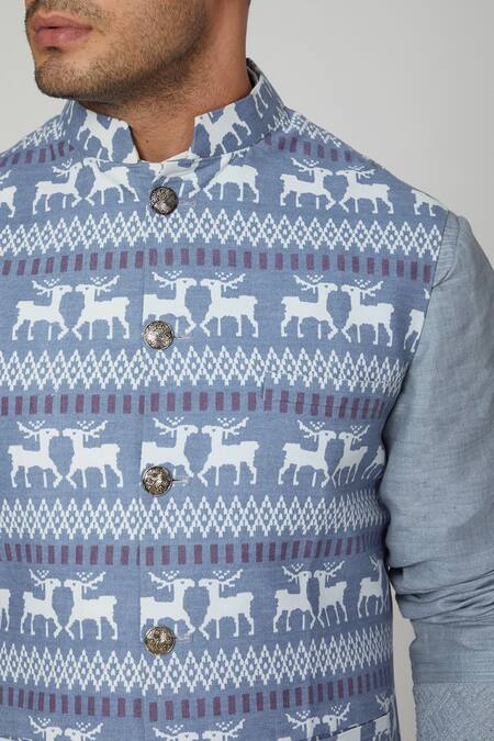 Shop_Spring Break_Blue Cotton Printed Bundi _Online_at_Aza_Fashions