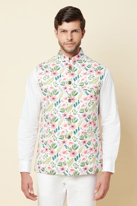 Buy_Spring Break_White Linen Printed Bundi _Online_at_Aza_Fashions